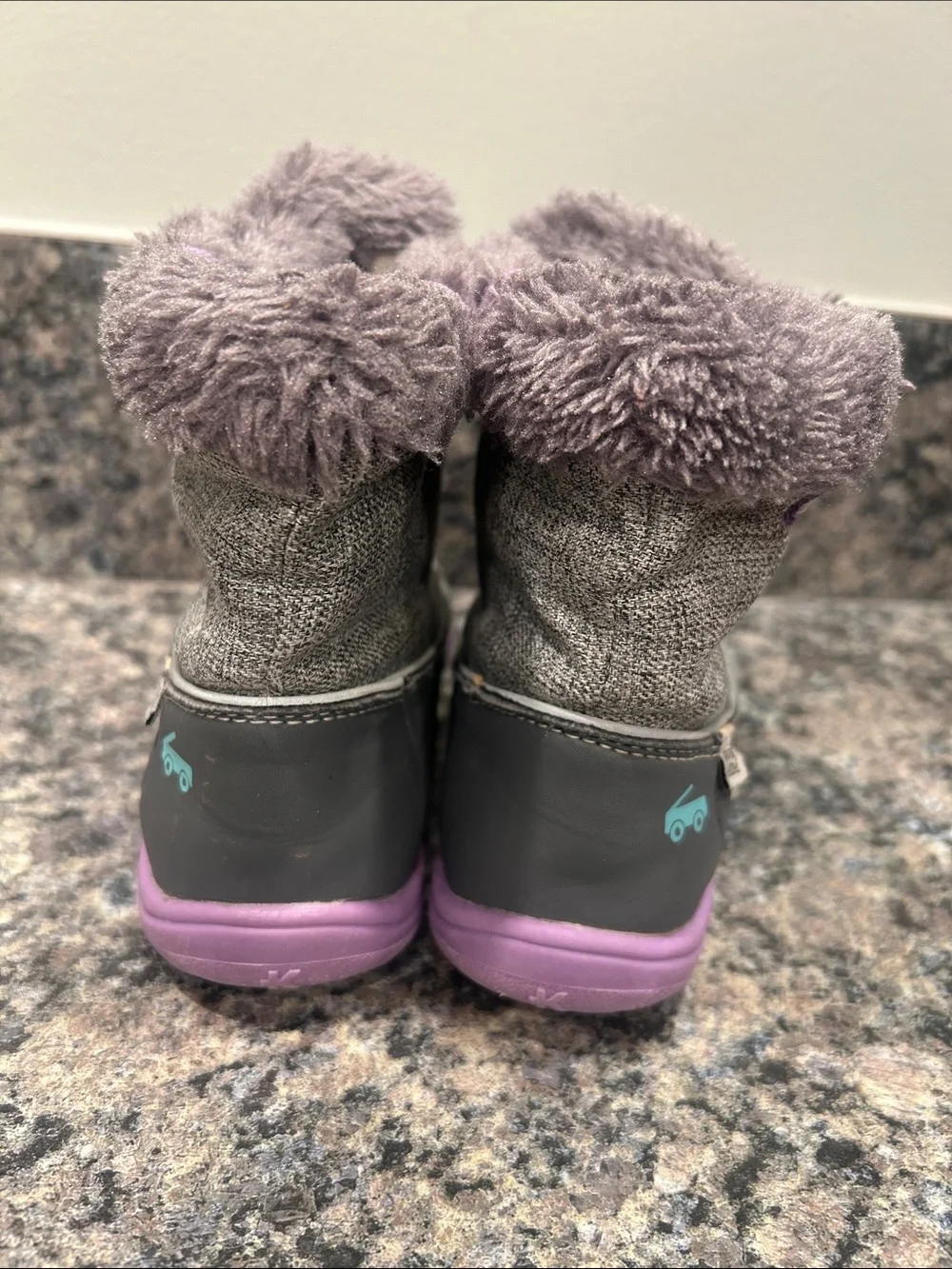 See Kai Run Gray Kids Winter Boots with Purple Soles and Mint Accents